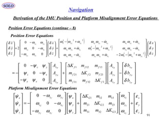 SOLO
91
Navigation
Derivation of the IMU Position and Platform Misalignment Error Equations
Position Error Equations (continue – 8)
( )
( )
( ) 





















+−−+−
−+−+
+−+−
+




















−
−
−
+










z
y
x
z
y
x
z
y
x
CCCCCCCC
CCCCCCCC
CCCCCCCC
CC
CC
CC
yxSxzyyzx
xzyzxSzyx
yzxzyxzyS
xy
xz
yz
δ
δ
δ
ωωωωωωωωω
ωωωωωωωωω
ωωωωωωωωω
δ
δ
δ
ωω
ωω
ωω
δ
δ
δ
222
222
222
20
0
0
2



















−




















∆
∆
∆
+




















−
−
−
−=
P
P
P
P
P
P
P
P
P
z
y
x
z
y
x
fff
fff
fff
z
y
x
xy
xz
yz
b
b
b
A
A
A
Kmm
mKm
mmK
A
A
A
δ
δ
δ
ψψ
ψψ
ψψ
33231
23221
13121
0
0
0
Position Error Equations
Platform Misalignment Error Equations










+




















∆
∆
∆
+




















−
−
−
−=










z
y
x
z
y
x
G
G
G
z
y
x
xy
xz
yz
z
y
x
C
C
C
CC
CC
CC
Kmm
mKm
mmK
ε
ε
ε
ω
ω
ω
ψ
ψ
ψ
ωω
ωω
ωω
ψ
ψ
ψ
33231
23221
13121
0
0
0



 
