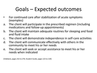 Goals – Expected outcomes
•     For continued care after stabilization of acute symptoms
      (examples)
a.    The client will participate in the prescribed regimen (including
      medications and follow-up appointments)
b.    The client will maintain adequate routines for sleeping and food
      and fluid intake
c.    The client will demonstrate independence in self-care activities
d.    The client will communicate effectively with others in the
      community to meet his or her needs
e.    The client will seek or accept assistance to meet his or her
      needs when indicated
(Videbeck, pages 252 to 276; Student Guide, pages 123 to 129)
 