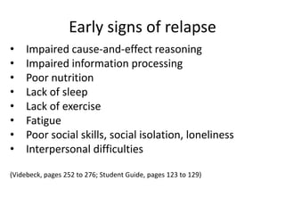Early signs of relapse
•    Impaired cause-and-effect reasoning
•    Impaired information processing
•    Poor nutrition
•    Lack of sleep
•    Lack of exercise
•    Fatigue
•    Poor social skills, social isolation, loneliness
•    Interpersonal difficulties

(Videbeck, pages 252 to 276; Student Guide, pages 123 to 129)
 