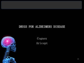 DRUGS FOR ALZHEIMERS DISEASE


          Cognex
          Aricept



                               11
 