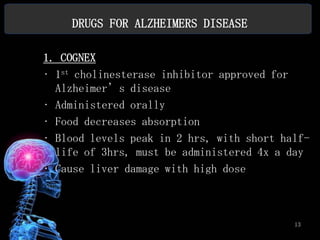 DRUGS FOR ALZHEIMERS DISEASE

1. COGNEX
• 1st cholinesterase inhibitor approved for
  Alzheimer’s disease
• Administered orally
• Food decreases absorption
• Blood levels peak in 2 hrs, with short half-
  life of 3hrs, must be administered 4x a day
• Cause liver damage with high dose



                                           13
 