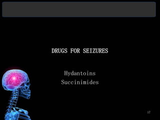 DRUGS FOR SEIZURES


    Hydantoins
   Succinimides



                     17
 