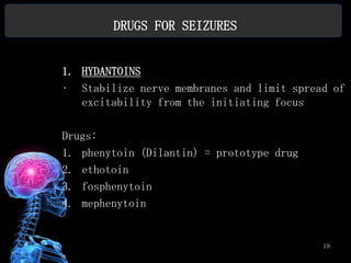 DRUGS FOR SEIZURES


1. HYDANTOINS
• Stabilize nerve membranes and limit spread of
   excitability from the initiating focus

Drugs:
1. phenytoin (Dilantin) = prototype drug
2. ethotoin
3. fosphenytoin
4. mephenytoin


                                           19
 