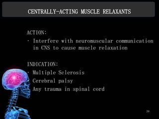 CENTRALLY-ACTING MUSCLE RELAXANTS


ACTION:
• Interfere with neuromuscular communication
  in CNS to cause muscle relaxation

INDICATION:
• Multiple Sclerosis
• Cerebral palsy
• Any trauma in spinal cord


                                         38
 