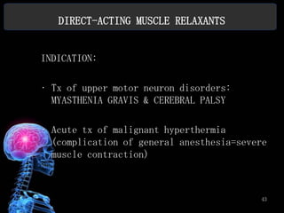 DIRECT-ACTING MUSCLE RELAXANTS


INDICATION:

• Tx of upper motor neuron disorders:
  MYASTHENIA GRAVIS & CEREBRAL PALSY

• Acute tx of malignant hyperthermia
  (complication of general anesthesia=severe
  muscle contraction)



                                          43
 