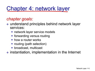 Network Layer 4-1
Chapter 4: network layer
chapter goals:
 understand principles behind network layer
services:
 network layer service models
 forwarding versus routing
 how a router works
 routing (path selection)
 broadcast, multicast
 instantiation, implementation in the Internet
 