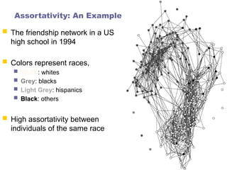 Assortativity: An Example
 The friendship network in a US
high school in 1994
 Colors represent races,
 White: whites
 Grey: blacks
 Light Grey: hispanics
 Black: others
 High assortativity between
individuals of the same race
 
