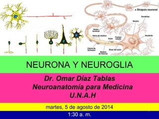 1:30 a. m.
1
NEURONA Y NEUROGLIA
Dr. Omar Díaz Tablas
Neuroanatomía para Medicina
U.N.A.H
martes, 5 de agosto de 2014
 