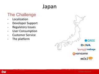 Japan
The Challenge
-   Localization
-   Developer Support
-   Regulatory Issues
-   User Consumption
-   Customer Service
-   The platform




                                All Rights Reserved.
 