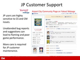 JP Customer Support
                           Airport City Community Page on Yahoo! Mobage

JP users are highly
sensitive to CS and CM
issues.

Unattended bug reports
and suggestions can
lead to flaming and poor
game performance.

More care is required
for JP customer
maintenance.
 