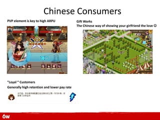 Chinese Consumers
PVP element is key to high ARPU               Gift Works
                                              The Chinese way of showing your girlfriend the love 




”Loyal “ Customers
Generally high retention and lower pay rate
 