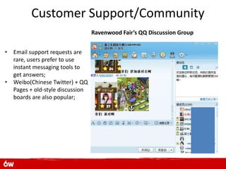 Customer Support/Community
                                 Ravenwood Fair’s QQ Discussion Group


• Email support requests are
  rare, users prefer to use
  instant messaging tools to
  get answers;
• Weibo(Chinese Twitter) + QQ
  Pages + old-style discussion
  boards are also popular;
 