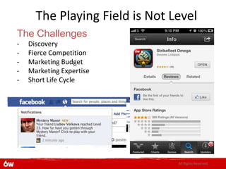 The Playing Field is Not Level
The Challenges
-   Discovery
-   Fierce Competition
-   Marketing Budget
-   Marketing Expertise
-   Short Life Cycle




                                All Rights Reserved.
 