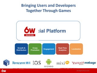 Bringing Users and Developers
        Together Through Games



               Social Platform


 Growth &        Cross                  Real-Time
                           Engagement               Localization
Distribution   Promotion                Analytics




                               7
                                                          All Rights Reserved.
 