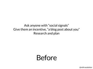 Before
@mArnesdotter
Ask anyone with “social signals”
Give them an incentive, “a blog post about you”
Research and plan
 
