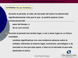 Fuentes de información externas e internas (párrafo 12)

EXTERNAS: No son limitativas


a) Durante el periodo, el valor de mercado del activo ha disminuido
   significativamente más que lo que se podría esperar como
   consecuencia del
    •   paso del tiempo, o
    •   de su uso normal.

b) Durante el periodo han tenido lugar, o van a tener lugar en un futuro
   inmediato
    •   cambios significativos con una incidencia adversa sobre la
        entidad, referentes al entorno legal, económico, tecnológico o de
        mercado en los que ésta opera, o bien en el mercado al que está
        destinado el activo.

                               Carlos Paredes Reátegui
 