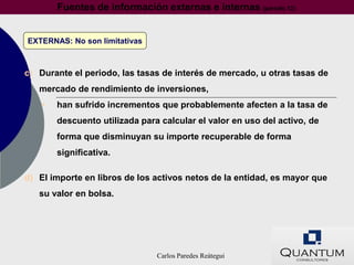 Fuentes de información externas e internas (párrafo 12)


EXTERNAS: No son limitativas



c) Durante el periodo, las tasas de interés de mercado, u otras tasas de
   mercado de rendimiento de inversiones,
    •   han sufrido incrementos que probablemente afecten a la tasa de
        descuento utilizada para calcular el valor en uso del activo, de
        forma que disminuyan su importe recuperable de forma
        significativa.

d) El importe en libros de los activos netos de la entidad, es mayor que
   su valor en bolsa.




                                Carlos Paredes Reátegui
 
