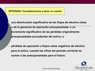 Fuentes de información externas e internas (párrafo 14)


INTERNAS: Consideraciones a tener en cuenta



c) una disminución significativa de los flujos de efectivo netos
  o de la ganancia de operación presupuestada, o un
  incremento significativo de las pérdidas originalmente
  presupuestadas procedentes del activo; o


d) pérdidas de operación o flujos netos negativos de efectivo
  para el activo, cuando las cifras del periodo corriente se
  suman a las presupuestadas para el futuro.



                             Carlos Paredes Reátegui
 