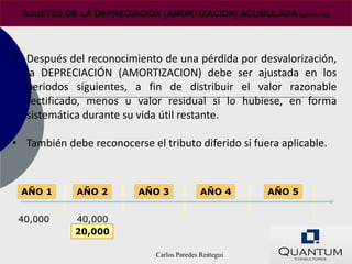 AJUSTES DE LA DEPRECIACIÒN (AMORTIZACIÒN) ACUMULADA (párrafo 63)




• Después del reconocimiento de una pérdida por desvalorización,
  la DEPRECIACIÓN (AMORTIZACION) debe ser ajustada en los
  periodos siguientes, a fin de distribuir el valor razonable
  rectificado, menos u valor residual si lo hubiese, en forma
  sistemática durante su vida útil restante.

• También debe reconocerse el tributo diferido si fuera aplicable.



 AÑO 1       AÑO 2        AÑO 3              AÑO 4      AÑO 5


 40,000      40,000
             20,000

                              Carlos Paredes Reátegui
 