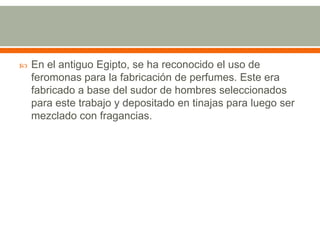 En el antiguo Egipto, se ha reconocido el uso de feromonas para la fabricación de perfumes. Este era fabricado a base del sudor de hombres seleccionados para este trabajo y depositado en tinajas para luego ser mezclado con fragancias. 