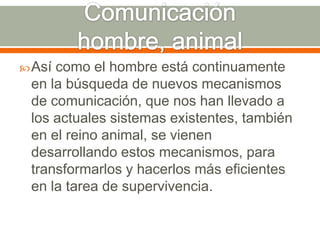 Comunicación hombre, animalAsí como el hombre está continuamente en la búsqueda de nuevos mecanismos de comunicación, que nos han llevado a los actuales sistemas existentes, también en el reino animal, se vienen desarrollando estos mecanismos, para transformarlos y hacerlos más eficientes en la tarea de supervivencia.