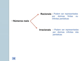 • Números reais
Irracionais
Racionais - Podem ser representadas
por dizimas finitas ou
infinitas periódicas
- Podem ser representadas
por dizimas infinitas não
periódicas
 