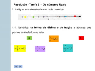 Resolução - Tarefa 2 – Os números Reais
1. Na figura está desenhada uma recta numérica.
1.1. Identifica na forma de dízima e de fração a abcissa dos
pontos assinalados na reta.
5
,
4
2
9


 5
,
4
4
3



)
3
(
8
,
0
6
5

2
,
3
5
16

-3 5
 