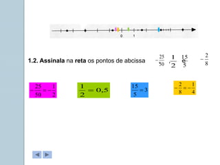 1.2. Assinala na reta os pontos de abcissa , , e
50
25

2
1
5
15
8
2

5
,
0
2
1
 3
5
15

2
1
50
25


 4
1
8
2



 