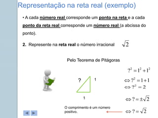 • A cada número real corresponde um ponto na reta e a cada
ponto da reta real corresponde um número real (a abcissa do
ponto).
Representação na reta real (exemplo)
1
1
?
Pelo Teorema de Pitágoras
2
2
2
1
1
? 

1
1
?2



2
? 


2
? 

2
?2


2. Represente na reta real o número irracional .2
O comprimento é um número
positivo.
 
