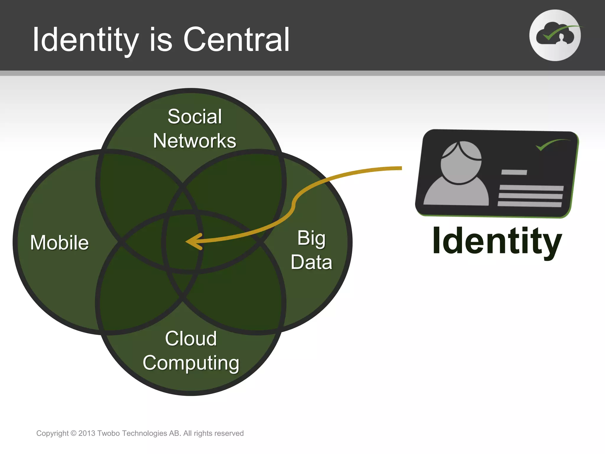 Identity is Central
Social
Networks
Cloud
Computing
Mobile Big
Data
Identity
Copyright © 2013 Twobo Technologies AB. All rights reserved
 