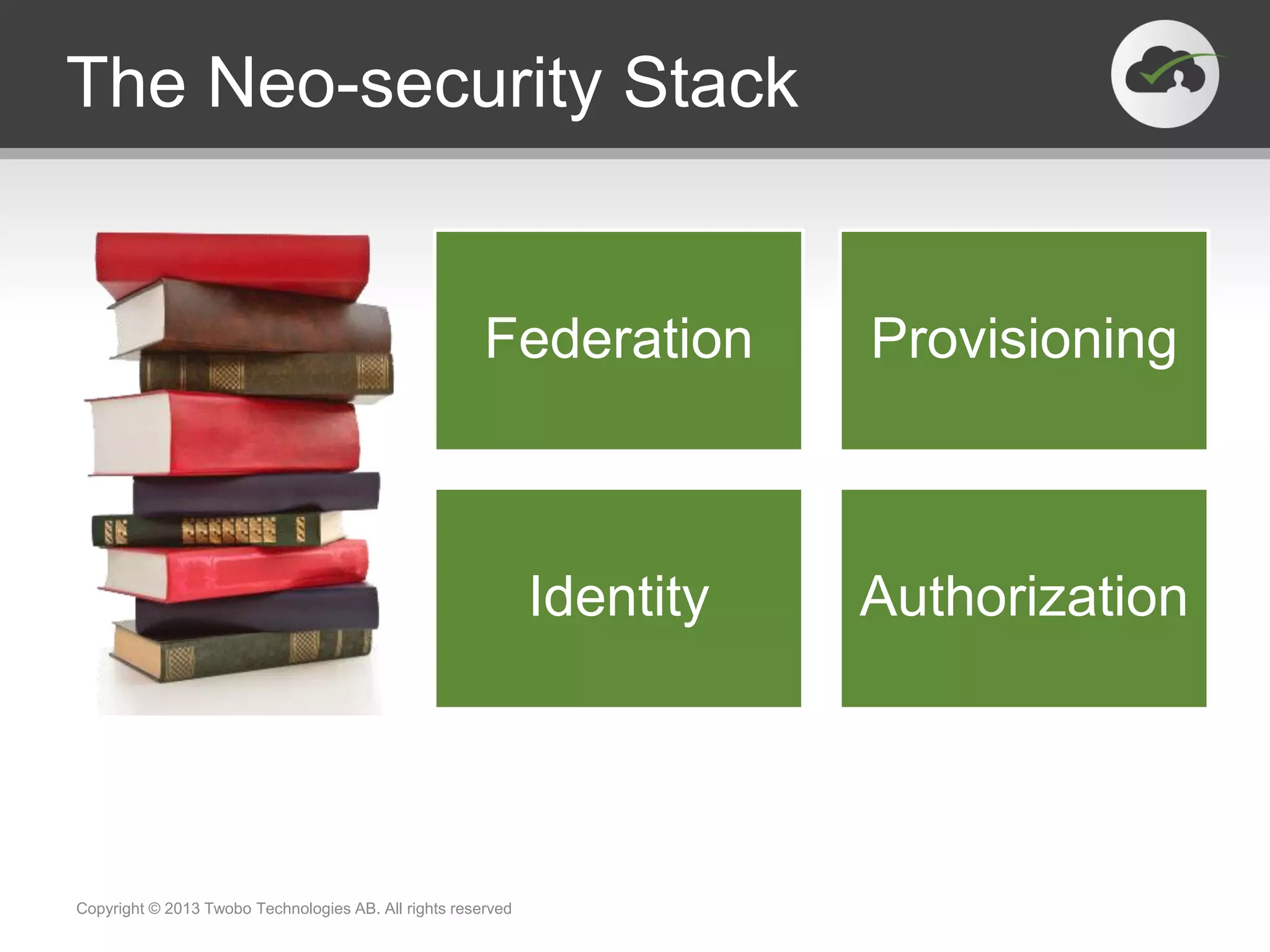 SAML /
OpenID
Connect
SCIM
JSON
Identity
Suite
OAuth
The Neo-security Stack
Copyright © 2013 Twobo Technologies AB. All rights reserved
Federation Provisioning
Identity Authorization
 