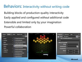 Behaviors: Interactivity without writing codeBuilding blocks of production-quality interactivityEasily applied and configured without additional codeExtensible and limited only by your imaginationPowerful collaboration