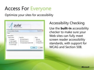 Debug your pages in real-time as you codeNo need to preview page in a browserAbsolute image fidelity for IE6/7/8 or FirefoxSupports ASP.NET & PHP pagesSnapshotPreview Your CodeNew in Expression Web 3