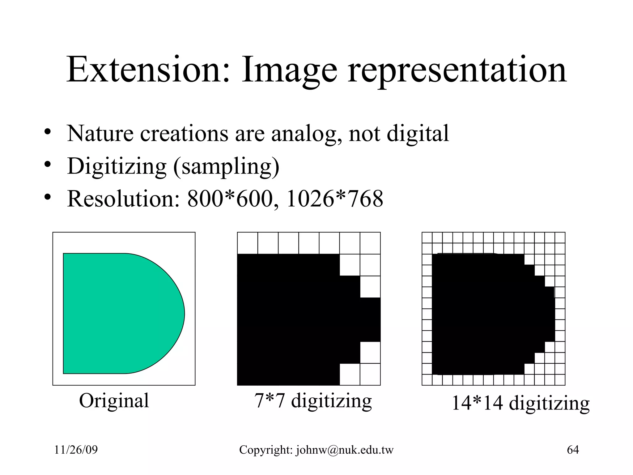 Extension: Image representation Nature creations are analog, not digital Digitizing (sampling) Resolution: 800*600, 1026*768 Original  7*7 digitizing 14*14 digitizing 