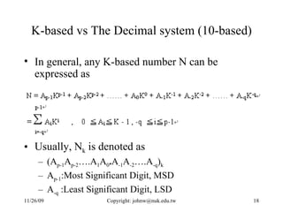 K-based vs The Decimal system (10-based) In general, any K-based number N can be expressed as  Usually, N k  is denoted as  (A p-1 A p-2 ….A 1 A 0 . A -1 A -2 ….A -q ) k   A p-1 :Most Significant Digit, MSD A -q  :Least Significant Digit, LSD 