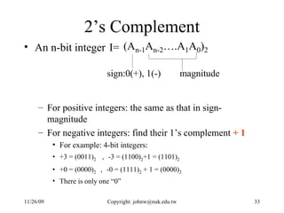 2’s Complement An n-bit integer  I= For positive integers: the same as that in sign-magnitude For negative integers: find their 1’s complement  + 1 For example: 4-bit integers:  +3 = (0011) 2   ， -3 = (1100) 2 +1 = (1101) 2 +0 = (0000) 2 ， -0 = (1111) 2  + 1 = (0000) 2 There is only one “0” 