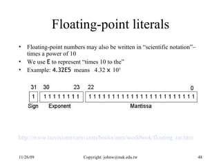 Floating-point literals Floating-point numbers may also be written in “scientific notation”– times a power of 10 We use  E  to represent “times 10 to the” Example:  4.32E5   means  4.32  x  10 5 http://www.nuvisionmiami.com/books/asm/workbook/floating_tut.htm   