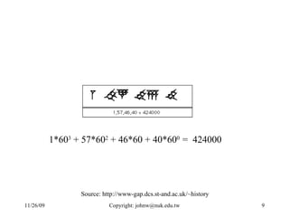 1*60 3  + 57*60 2  + 46*60 + 40*60 0  =  424000 Source: http://www-gap.dcs.st-and.ac.uk/~history 