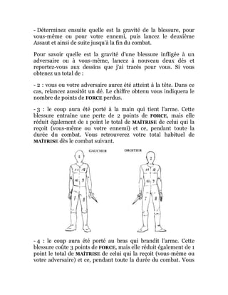 - Déterminez ensuite quelle est la gravité de la blessure, pour
vous-même ou pour votre ennemi, puis lancez le deuxième
Assaut et ainsi de suite jusqu'à la fin du combat.
Pour savoir quelle est la gravité d'une blessure infligée à un
adversaire ou à vous-même, lancez à nouveau deux dés et
reportez-vous aux dessins que j'ai tracés pour vous. Si vous
obtenez un total de :
- 2 : vous ou votre adversaire aurez été atteint à la tête. Dans ce
cas, relancez aussitôt un dé. Le chiffre obtenu vous indiquera le
nombre de points de FORCE perdus.
- 3 : le coup aura été porté à la main qui tient l'arme. Cette
blessure entraîne une perte de 2 points de FORCE, mais elle
réduit également de 1 point le total de MAÎTRISE de celui qui la
reçoit (vous-même ou votre ennemi) et ce, pendant toute la
durée du combat. Vous retrouverez votre total habituel de
MAÎTRISE dès le combat suivant.
- 4 : le coup aura été porté au bras qui brandit l'arme. Cette
blessure coûte 3 points de FORCE, mais elle réduit également de 1
point le total de MAÎTRISE de celui qui la reçoit (vous-même ou
votre adversaire) et ce, pendant toute la durée du combat. Vous
 