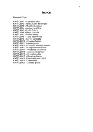 3



                              ÍNDICE
Rasgando Véus

CAPÍTULO 1 = Convite ao bem
CAPÍTULO 2 = No Santuário da Bênção
CAPÍTULO 3 = O sublime visitante
CAPÍTULO 4 = A casa transitória
CAPÍTULO 5 = Irmão Gotuzo
CAPÍTULO 6 = Dentro da noite
CAPÍTULO 7 = Leitura mental
CAPÍTULO 8 = Treva e sofrimento
CAPÍTULO 9 = Louvor e gratidão
CAPÍTULO 10 = Fogo purificador
CAPÍTULO 11 = Amigos novos
CAPÍTULO 12 = Excursão de adestramento
CAPÍTULO 13 = Companheiro libertado
CAPÍTULO 14 = Prestando assistência
CAPÍTULO 15 = Aprendendo sempre
CAPÍTULO 16 = Exemplo cristão
CAPÍTULO 17 = Rogativa singular
CAPÍTULO 18 = Desprendimento difícil
CAPÍTULO 19 = A serva fiel
CAPÍTULO 20 = Ação de graças
 
