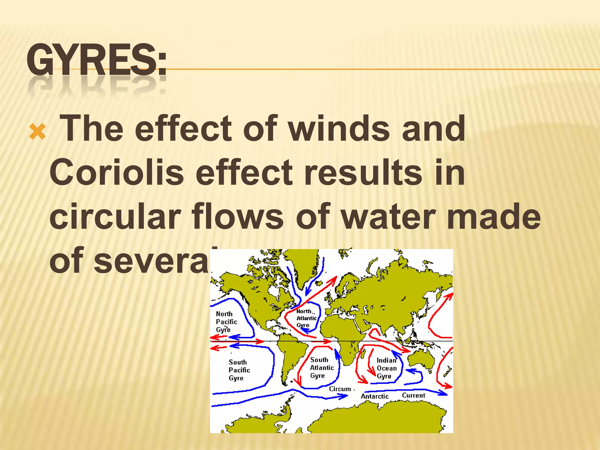 Gyres: The effect of winds and Coriolis effect results in circular flows of water made of several currents