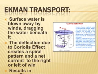 Ekman Transport: Surface water is blown away by winds, dragging the water beneath it The deflection due to Coriolis Effect creates a spiral pattern and a net current  to the right or left of win Results in upwelling