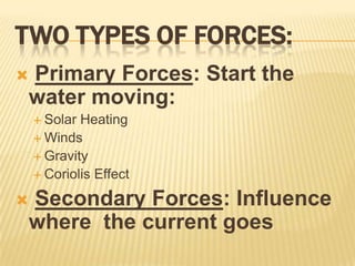 Two Types of Forces:Primary Forces: Start the water moving:Solar HeatingWindsGravityCoriolis EffectSecondary Forces: Influence where  the current goes