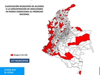 CLASIFICACIÓN MUNICIPIOS DE ACUERDO
 A LA CONCENTRACIÓN DE INDICADORES
 EN PEORES CONDICIONES AL PROMEDIO
              NACIONAL




        Grupo 1 ( 9 a 13)


     147 MUNICIPIOS
 