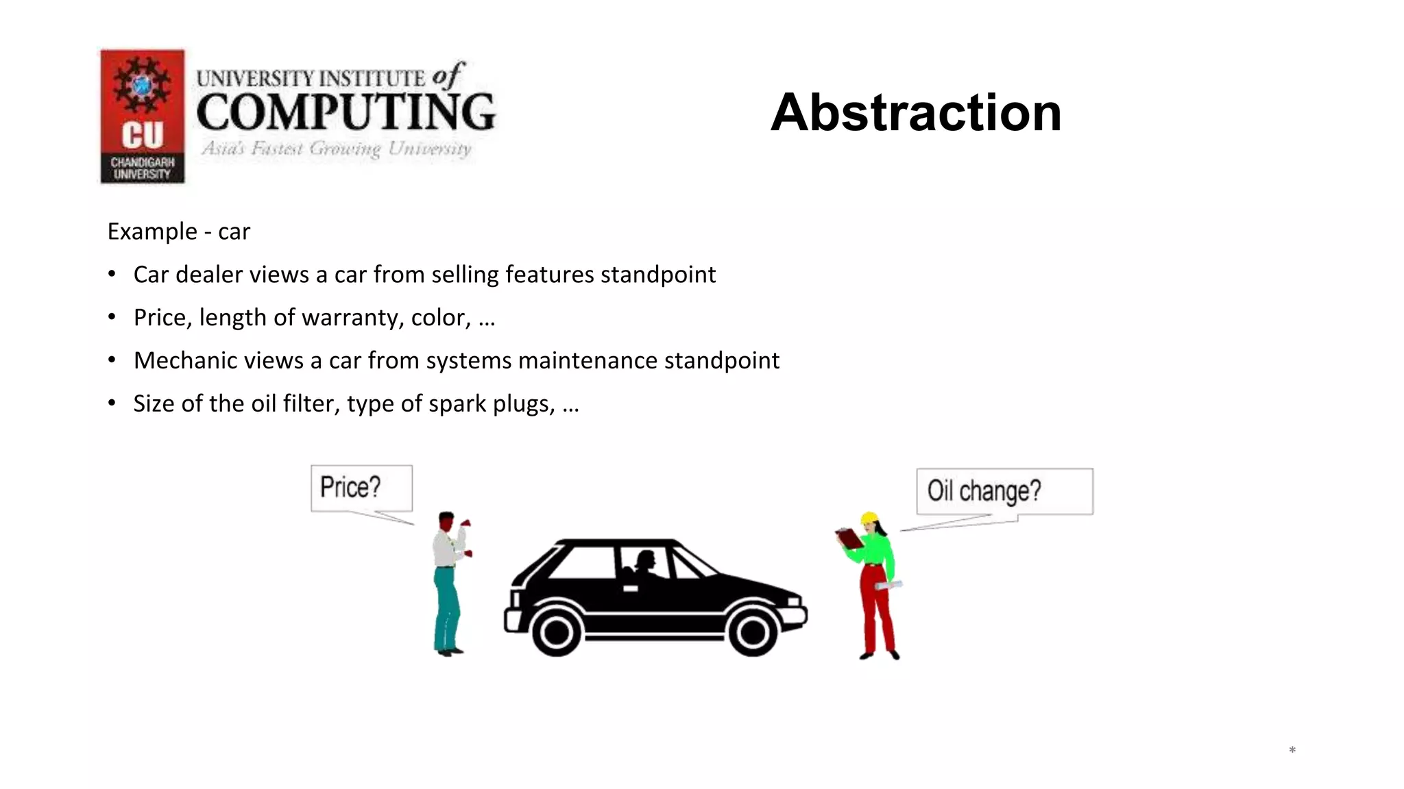 *
*
*
3
Abstraction
Example - car
• Car dealer views a car from selling features standpoint
• Price, length of warranty, color, …
• Mechanic views a car from systems maintenance standpoint
• Size of the oil filter, type of spark plugs, …
 