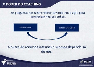 O PODER DO COACHING
As perguntas nos fazem refletir, levando-nos a ação para
concretizar nossos sonhos.
Estado Atual

Estado Desejado

A busca de recursos internos e sucesso depende só
de nós.

 