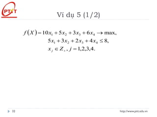 Ví dụ 5 (1/2)
http://www.ptit.edu.vn
32
( )
.
4
,
3
,
2
,
1
,
,
8
4
2
3
5
max,
6
3
5
10
4
3
2
1
4
3
2
1
=


+
+
+
→
+
+
+
=
+ j
Z
x
x
x
x
x
x
x
x
x
X
f
j
 