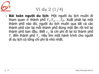 Ví dụ 2 (1/4)
http://www.ptit.edu.vn
9
 Bài toán người du lịch: Một người du lịch muốn đi
tham quan 𝑁 thành phố 𝑇1, 𝑇2, . . . , 𝑇𝑁. Xuất phát tại một
thành phố nào đó, người du lịch muốn qua tất cả các
thành phố còn lại mỗi thành phố đúng một lần rồi trở lại
thành phố ban đầu. Biết 𝑐𝑖𝑗 là chi phí đi lại từ thành phố
𝑇𝑖 đến thành phố 𝑇𝑗. Hãy tìm một hành trình cho người
đi du lịch có tổng chi phí là nhỏ nhất.
 