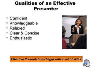 Qualities of an Effective
Presenter
• Confident
• Knowledgeable
• Relaxed
• Clear & Concise
• Enthusiastic
Effective prese...