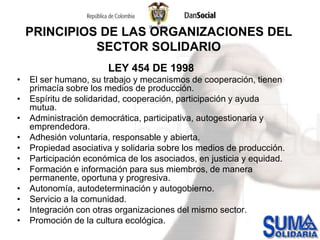 PRINCIPIOS DE LAS ORGANIZACIONES DEL SECTOR SOLIDARIOLEY 454 DE 1998El ser humano, su trabajo y mecanismos de cooperación, tienen primacía sobre los medios de producción. Espíritu de solidaridad, cooperación, participación y ayuda mutua. Administración democrática, participativa, autogestionaria y emprendedora. Adhesión voluntaria, responsable y abierta. Propiedad asociativa y solidaria sobre los medios de producción. Participación económica de los asociados, en justicia y equidad. Formación e información para sus miembros, de manera permanente, oportuna y progresiva. Autonomía, autodeterminación y autogobierno. Servicio a la comunidad. Integración con otras organizaciones del mismo sector. Promoción de la cultura ecológica.